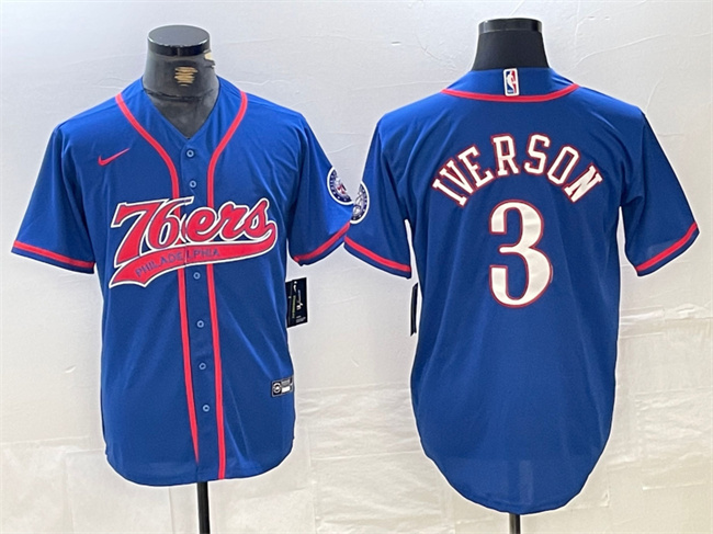Men's Philadelphia 76ers #3 Allen Iverson Royal Cool Base Stitched Baseball Jersey
